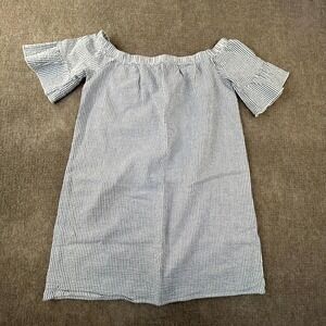 Pink Lemonade Mini Dress Women Large Blue White Seersucker Boho Off-The-Shoulder
